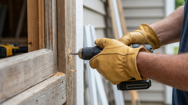 Focused Builder Drilling Hole in Wooden Frame with Gloved Hands Outdoors