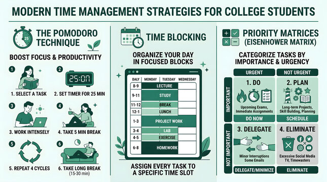 Infographic showing time management strategies for college students