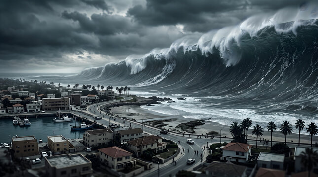 Massive tsunami wave approaching a coastal town with houses
