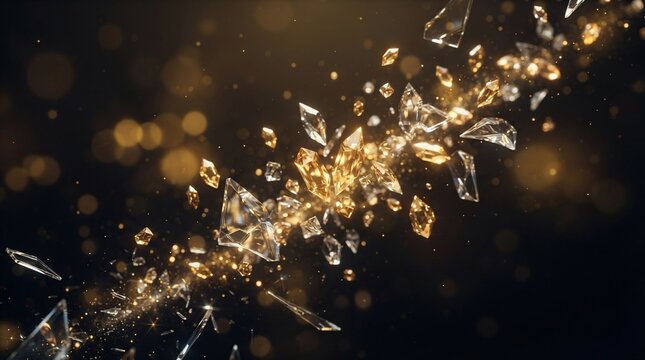 Abstract explosion of crystalline shards and golden particles against dark background