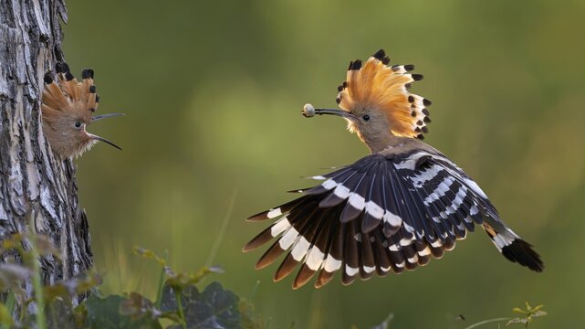 Hoopoe (Upupa epops) Bird of the Year 2022, male with food, prey, foraging, food for the young birds, erected bonnet, sunrise, interaction, breeding cave, nest, young bird begging for food, flying, on approach, wings, climate change, Middle Elbe Biosphere Reserve, Saxony-Anhalt, Germany