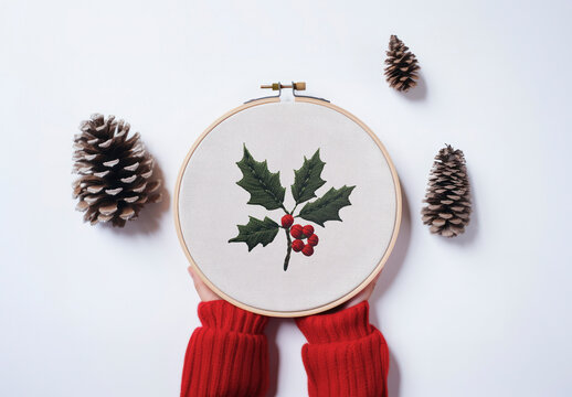 Festive Embroidery Mockup With Pinecones PSD