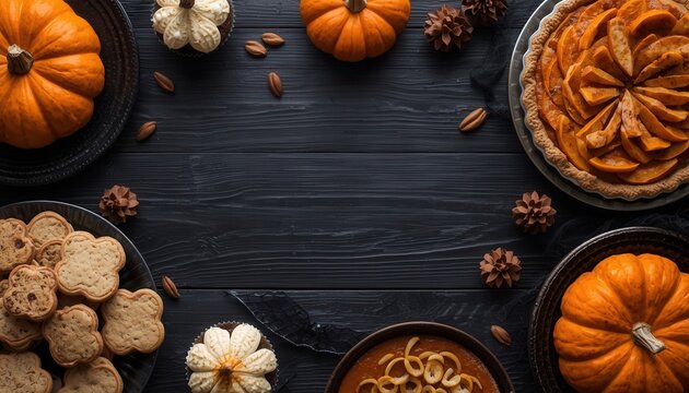 Autumn Harvest Feast: A bountiful spread of seasonal delights, featuring pumpkins, pumpkin pie, cookies, and almonds, arranged artfully on a dark wooden surface.
