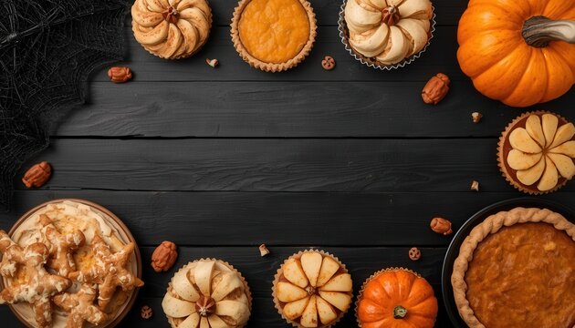 Autumn Harvest Celebration: A delightful arrangement of homemade pumpkin pies, tarts, and mini pumpkin desserts sits on a rustic black wooden table, complemented by whole pumpkins and spiced nuts.