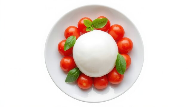 Caprese Salad Classic: A perfect round of fresh mozzarella cheese is nestled amongst vibrant cherry tomatoes and fragrant basil leaves, artfully arranged on a white plate.