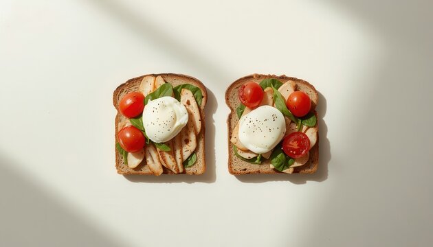 Gourmet Toasts: Two slices of whole wheat toast are topped with sliced chicken, fresh spinach, cherry tomatoes, and poached eggs, beautifully arranged for a delicious breakfast or light meal.