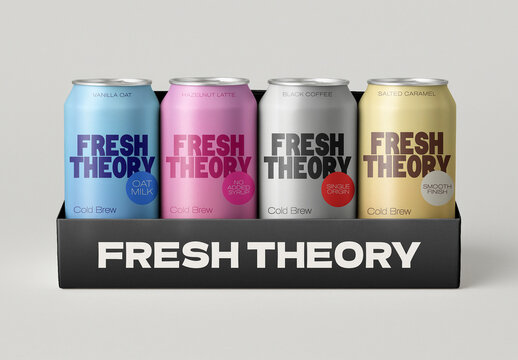 Fresh Theory Canned Coffee Mockup PSD With Four Colorful Drink Cans Display