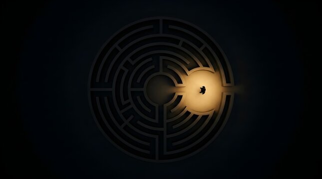 Top down view of a circular dark maze with a solitary person illuminated by a bright warm spotlight finding the way out.