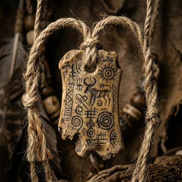 Tribal bone talisman with ancient carvings. Ethnic amulet hanging on a rustic rope.