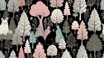 Obraz premium Whimsical forest seamless pattern with cute foxes and stylized trees in pastel tones on a dark background