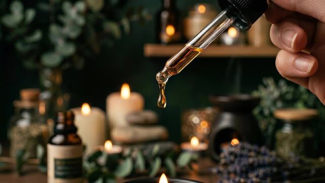 Hand holding a dropper with herbal oil above a rustic table with candles, glass bottles, and dried botanicals. Natural skincare, aromatherapy, wellness ritual, and alternative remedy concept.  