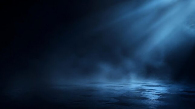 Misty dark seascape with moonbeam reflections on water.