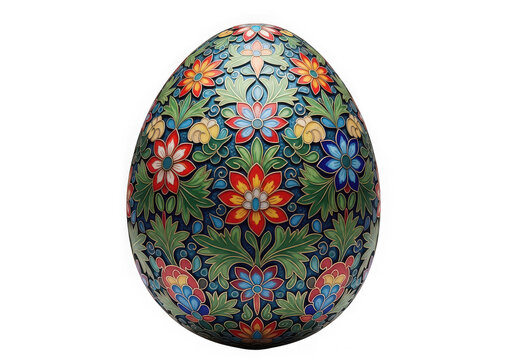 Ornate Easter egg with colorful floral pattern isolated on transparent background for festive seasonal holiday graphics