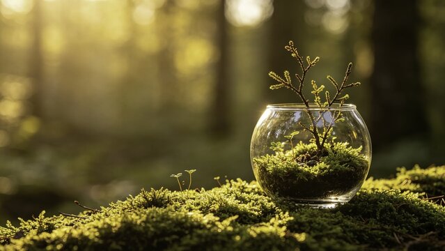 micro forest with moss ground and tiny branches in glass ves