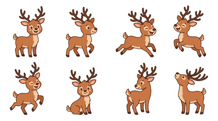 Fototapeta premium Cute cartoon reindeer characters in various poses. vector illustration
