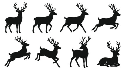 Fototapeta premium Silhouette of Deer in Various Poses and Movements. vector illustration