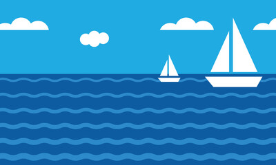 Naklejka premium Flat Vector Illustration of Sailboats Sailing on the Wavy Blue Sea with White Clouds in the Sky
