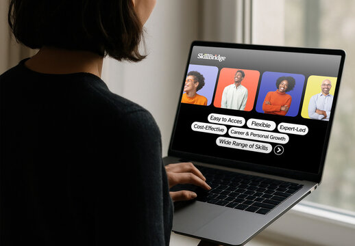 Woman Viewing Laptop Screen Mockup With Diverse Team Tiles&nbsp;PSD Design