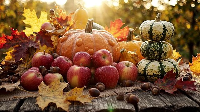 Harvest seasonal bounty with pumpkins and apples resting on rustic wooden boards in motion video clip