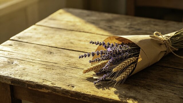 Dried lavender and wheat bouquet in paper wrap on old wood t