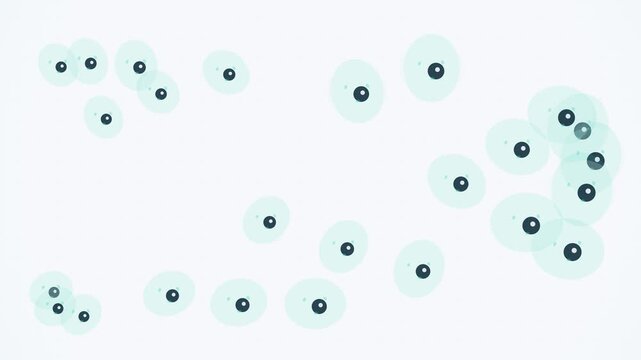 Abstract translucent biological cells with dark nuclei floating on white background medical science microscopy