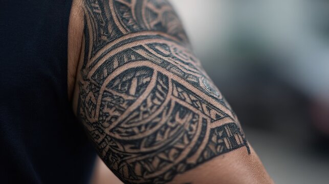 Geometric and tribal pattern tattoo on a male upper arm.