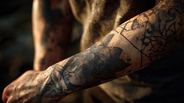 Geometric and mandala style black ink tattoo on a man's forearm.