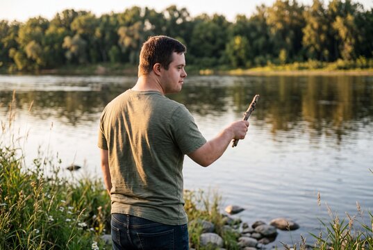 Man with Down Syndrome Outdoors by River Holding Stick in Golden Hour Sunlight