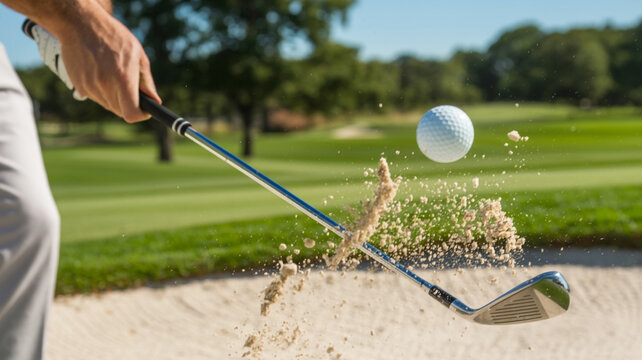 Golfer hitting ball out of sand trap on golf course