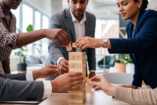 Diverse business professionals playing Jenga game in modern office for team building activity