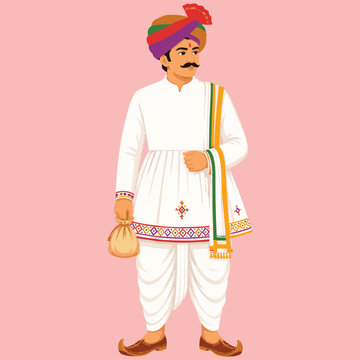 Traditional Maharashtrian Man Wearing White Kurta Dhoti and Colorful Pheta Turban, Vector Illustration