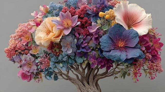 Tree shaped like a human brain covered in vibrant colorful flowers. Concept of mental health and creative growth.