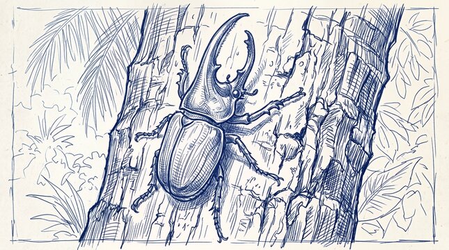 Large rhinoceros beetle on tree bark ink drawing.