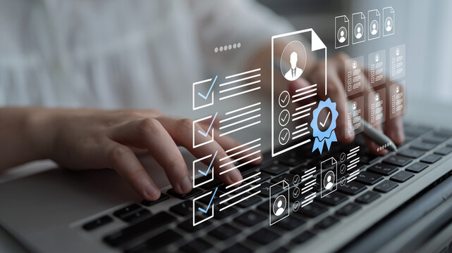 A close-up view of hands typing on a laptop with overlays of digital checklists and user profiles, illustrating modern online productivity and business efforts. Gantry