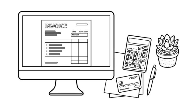 Desktop office scene with computer displaying invoice, calculator, credit card, pen, and potted plant