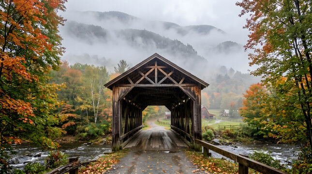 Old wooden covered bridge in a foggy autumn forest
