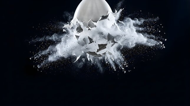 White egg exploding with powder shards isolated on a black background
