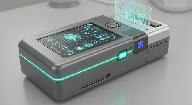 Futuristic portable device with holographic display and data interface.