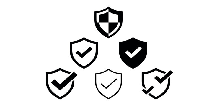 Shield check mark icon set or security shield protection icon with tick symbol. vector illustration