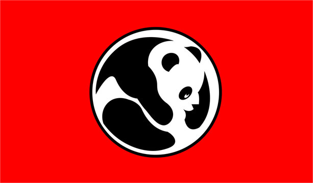 Stylized Black and White Giant Panda Bear Icon Enclosed in a Circular Frame over a Vibrant Red Background