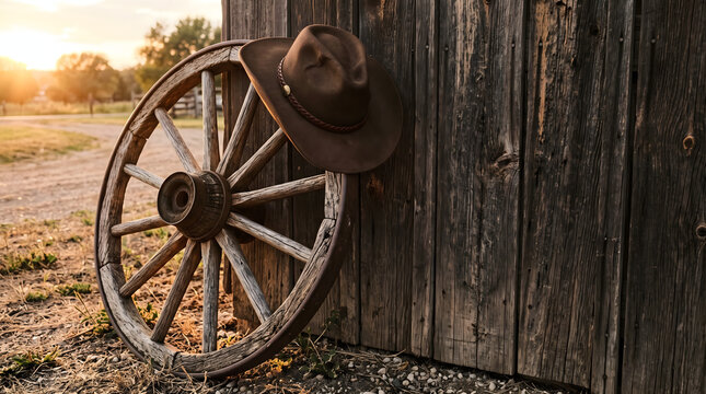 Old wagon wheel and cowboy hat leaning on a rustic wooden barn