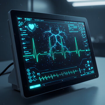 A medical monitor displaying a vibrant blue-green electrocardiogram (ECG) waveform and vital signs in a clinical setting.