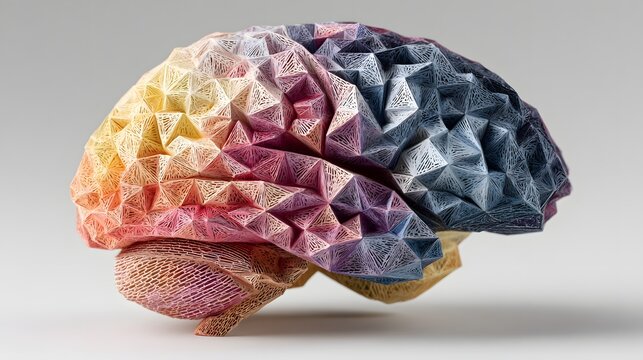 Colorful 3D human brain model crafted from intricate geometric origami paper patterns.