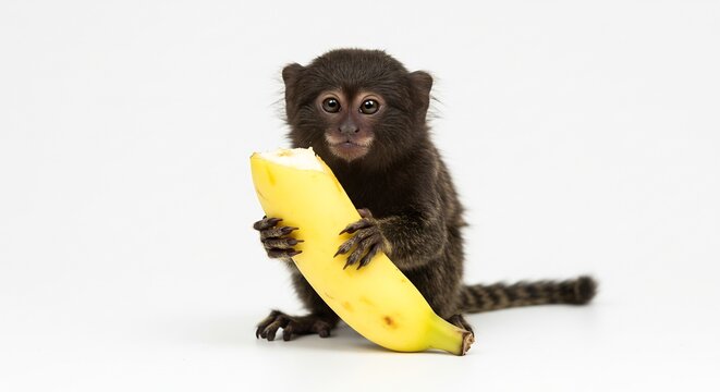 Pygmy Monkey's Delight: A tiny, dark-furred pygmy monkey sits on a white background, holding a bright yellow banana, its curious eyes looking directly at the viewer.