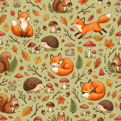 Fototapeta premium Seamless autumn pattern with cute forest animals like foxes, hedgehogs, squirrels, mushrooms, and fall leaves on green background