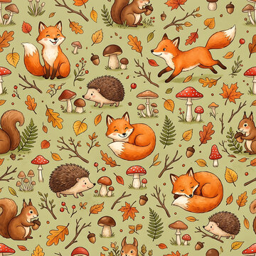 Seamless autumn pattern with cute forest animals like foxes, hedgehogs, squirrels, mushrooms, and fall leaves on green background