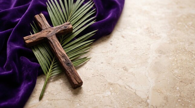 A rustic wooden cross resting on a green palm leaf atop a deep purple velvet fabric draped over a light beige marble surface representing christian religious symbols and lenten season themes