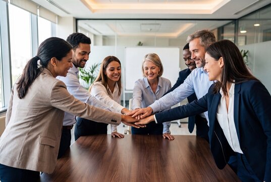 Diverse business professionals team stacking hands for unity and success in modern office meeting room