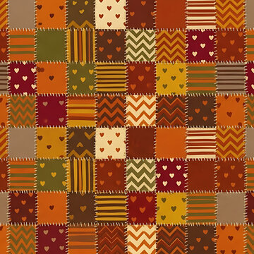 Seamless autumn patchwork quilt pattern with stitched squares, hearts, stripes, and chevron textures for fall designs