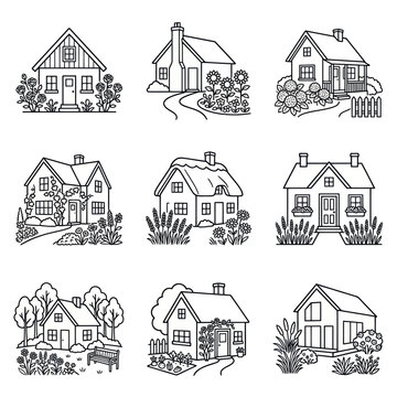 Suburban house and cottage outline icons.